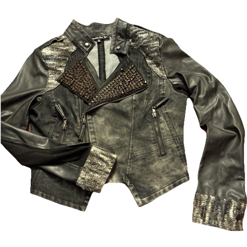 Double Zero Womens M Studded Denim Moto Vest Grey Acid Wash Biker Grunge Rocker